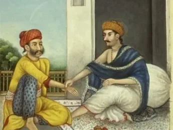 medico ayurveda e paziente in India nel passato